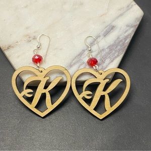 Personalized Initial letter Heart Wooden Earrings Sterling Silver